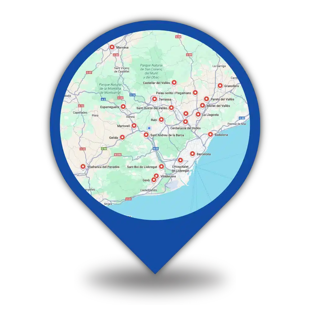 Mapa de cobertura del servicio de corte de metales en el Baix Llobregat y zonas industriales cercanas
