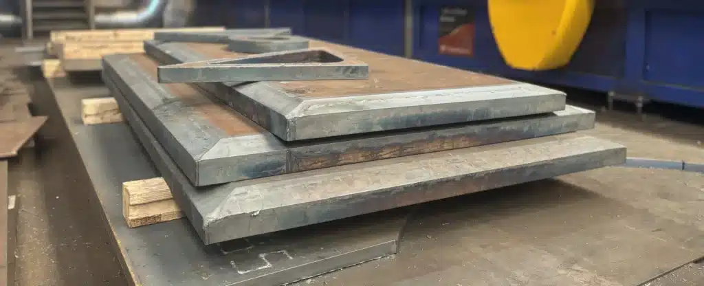 Piezas rectangulares de chapa gruesa cortadas por oxicorte, apiladas sobre calzos de madera