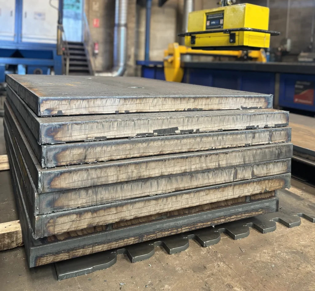Pila de chapas gruesas de acero cortadas por oxicorte sobre palé, en el taller de Metalcar